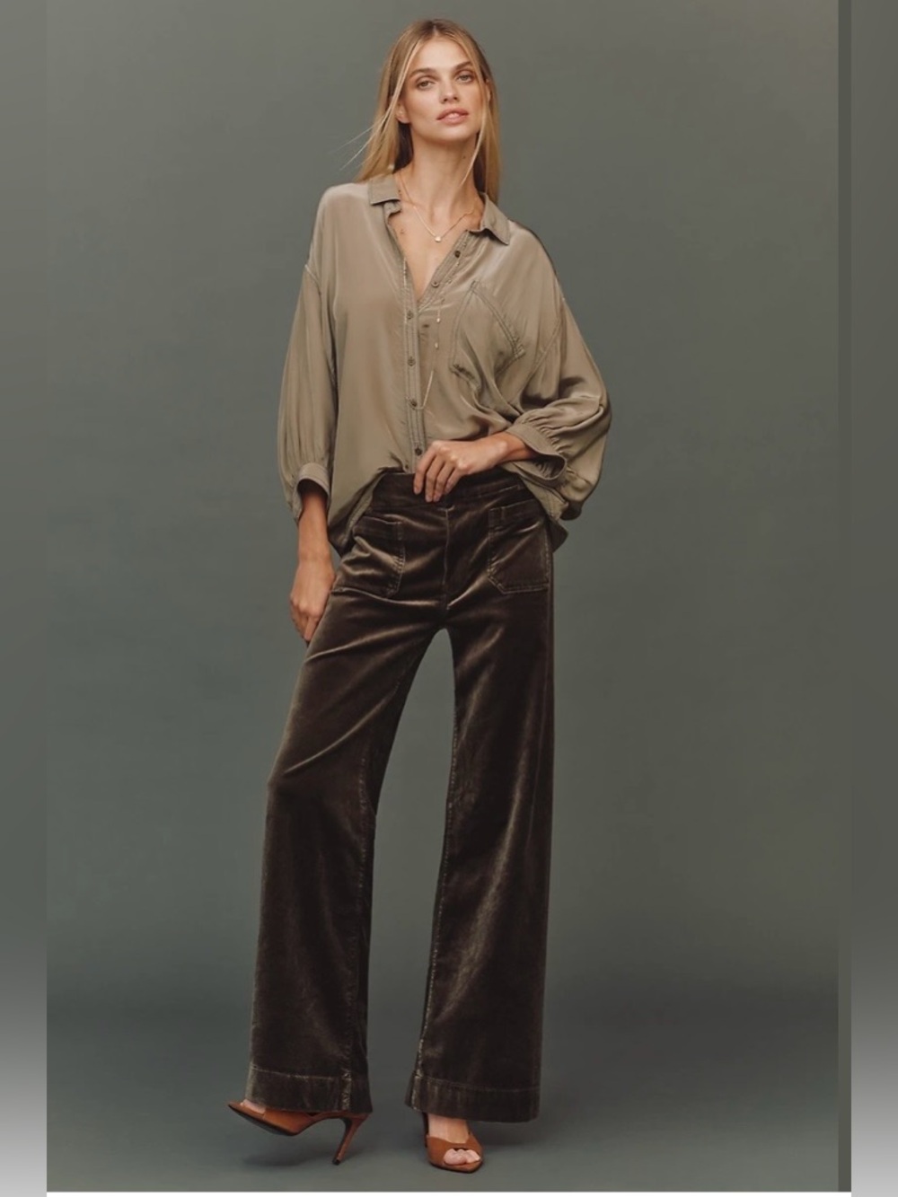 Maeve/Anthropologie The Colette Full-Length Wide Leg Velvet Pants in Army 29 NWT - Picture 2 of 12